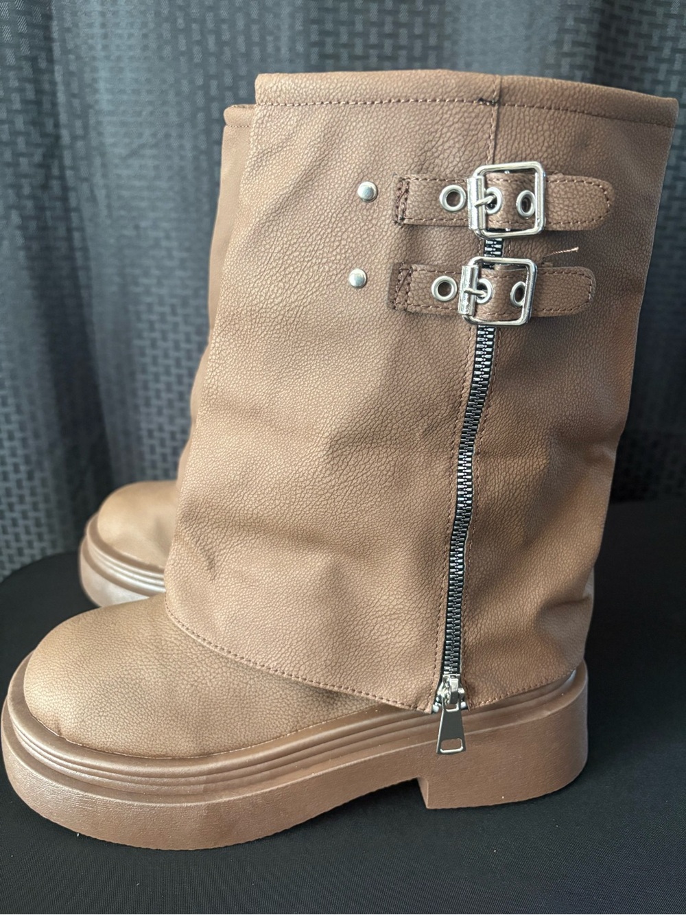 Women's Brown Mid-Calf Buckle Zip Platform Boots